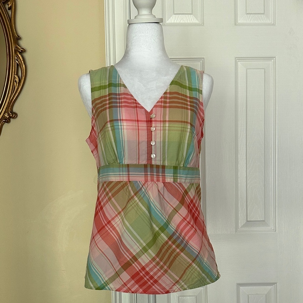 Bass Plaid Sleeveless Cotton Blouse Pink Green Button Front Top Summer